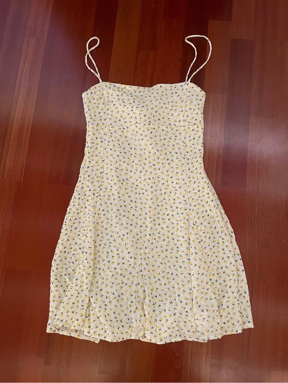 Bershka Yellow Floral Spaghetti-Strap Mini Dress